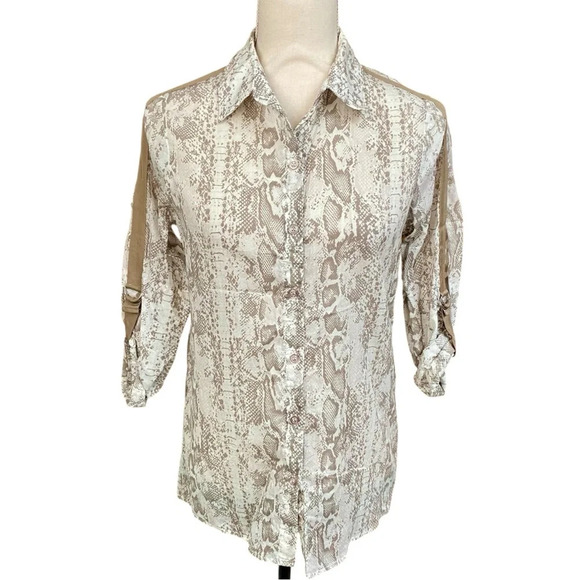 Anthropologie Drew Beige Snakeskin Print Button Down Cotton Shirt XS - Picture 1 of 13